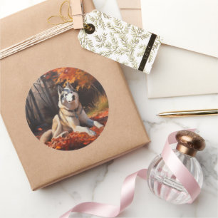 Siberian husky i Höst löv Fall Inspire Runt Klistermärke