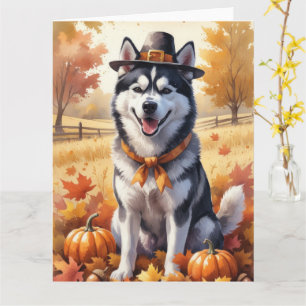 Siberian husky i Höst löv Thanksgiving Art Kort