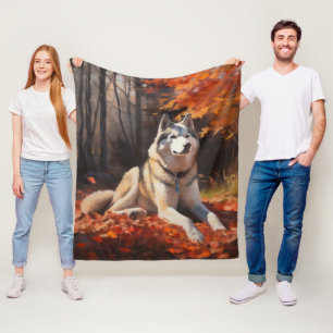 Siberian Husky i höstlöv Fall Inspirare Fleecefilt