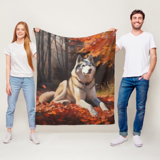 Siberian Husky i höstlöv Fall Inspirare Fleecefilt (På plats)