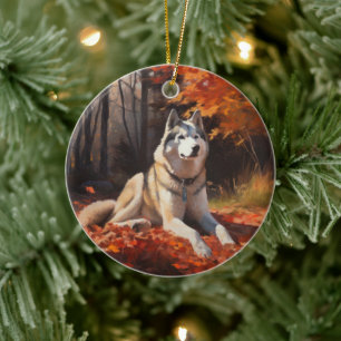 Siberian Husky i höstlöv Fall Inspirare Julgransprydnad Keramik