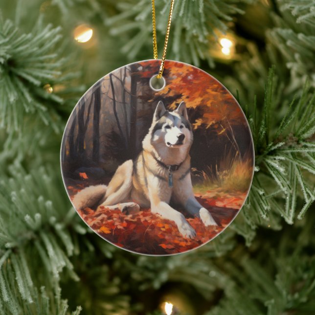 Siberian Husky i höstlöv Fall Inspirare Julgransprydnad Keramik (Träd)