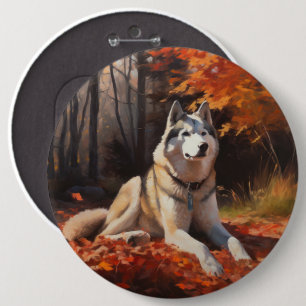Siberian Husky i höstlöv Fall Inspirare Knapp