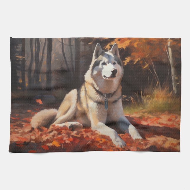 Siberian Husky i höstlöv Fall Inspirare Kökshandduk (Horisontell)
