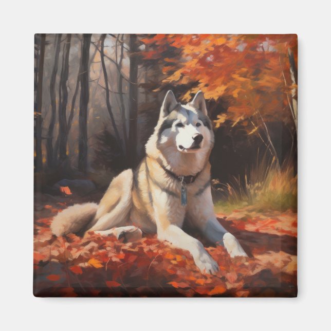 Siberian Husky i höstlöv Fall Inspirare Magnet (Framsidan)