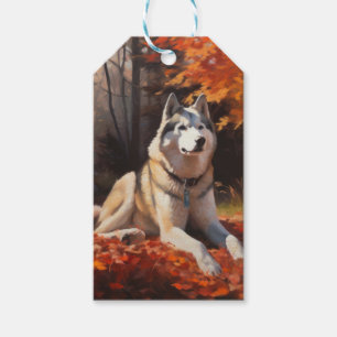Siberian Husky i höstlöv Fall Inspirare Presentetikett