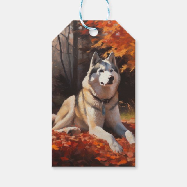 Siberian Husky i höstlöv Fall Inspirare Presentetikett (Framsidan)