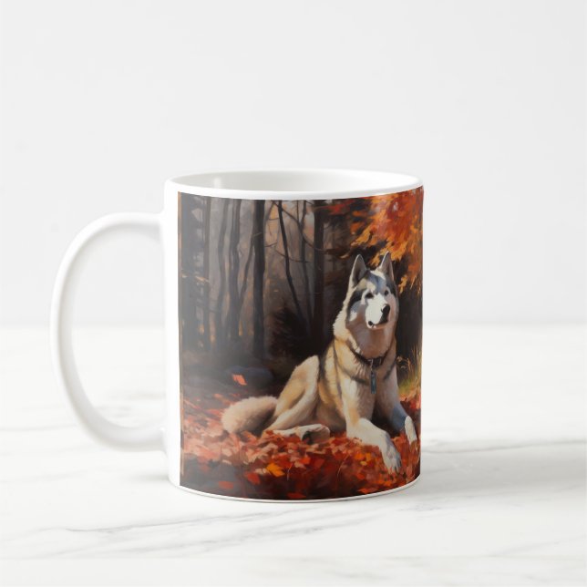 Siberian Husky i höstlöv Fall Inspire Kaffemugg (Vänster)