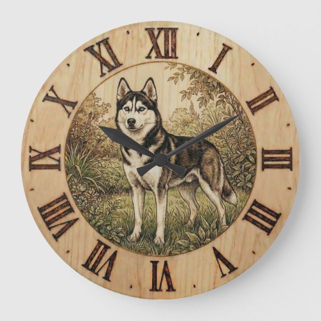 Siberian Husky i vårpark Väggtimme Stor Klocka (Framsida)