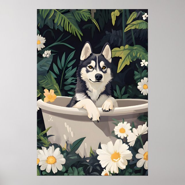 Siberian Husky In Bathtub Poster, Funny Dog Poster (Framsidan)