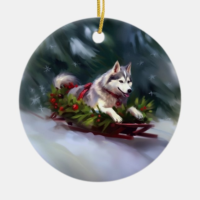 Siberian husky jul i snö julgransprydnad keramik (Framsidan)