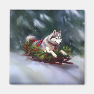 Siberian husky jul i snö magnet