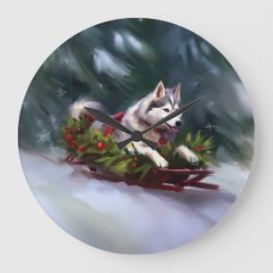 Siberian husky jul i snö stor klocka
