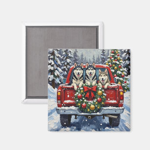 Siberian Husky Jul Röd Lastbil Holiday Magnet