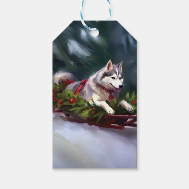 Siberian Husky jul snö vinter Presentetikett (Framsidan)