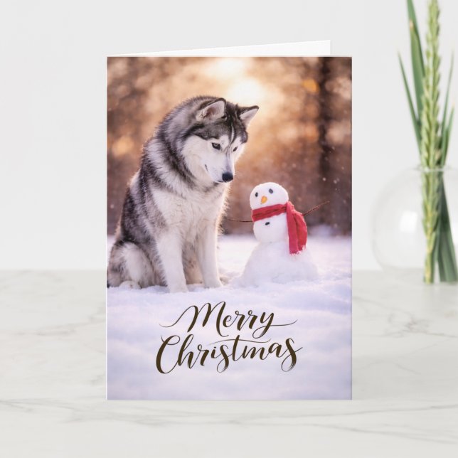Siberian Husky jul snöman Helgkort (Framsida)