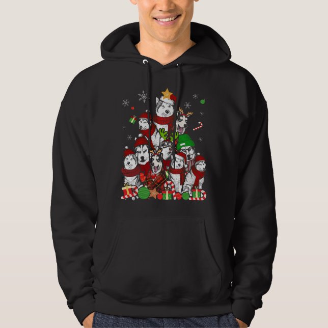 Siberian husky Julgran Julafton Gift Hund älskare Hoodie (Framsida)