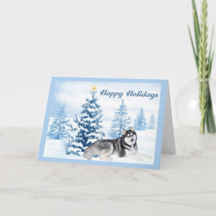 Siberian husky julkort blått Träd Helgkort