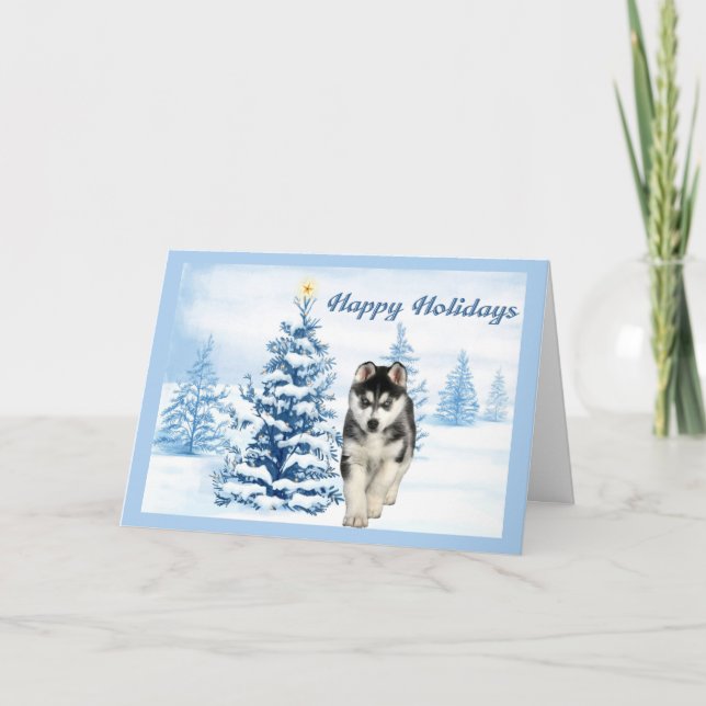 Siberian husky julkort blått Träd Helgkort (Framsida)