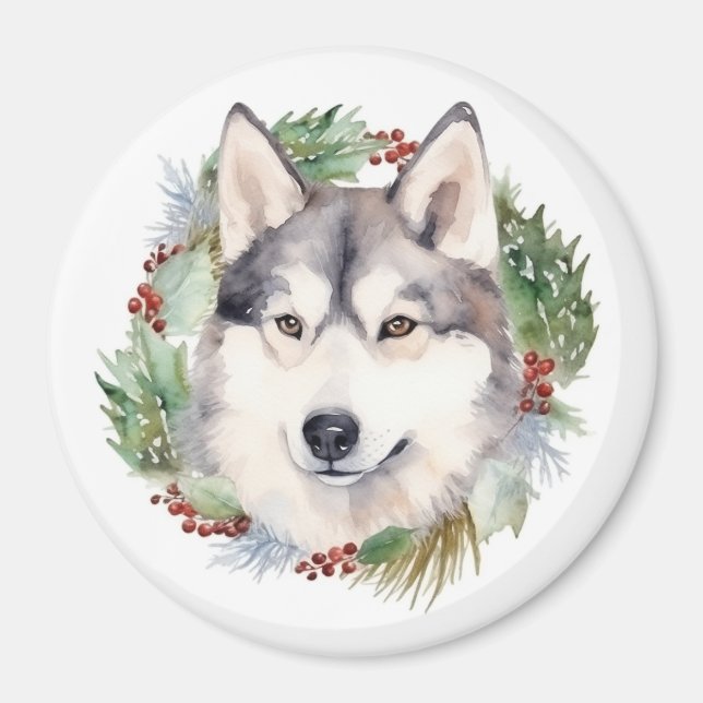 Siberian Husky Julkrans Festiv Valp Magnet (Framsidan)