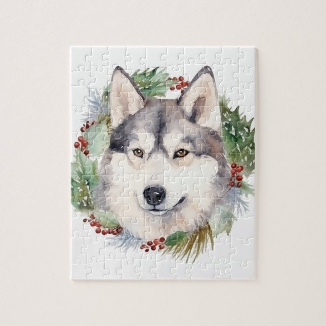Siberian Husky Julkrans Festiv Valp Pussel (Vertikal)