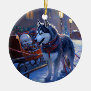 Siberian husky julsäsong julgransprydnad keramik