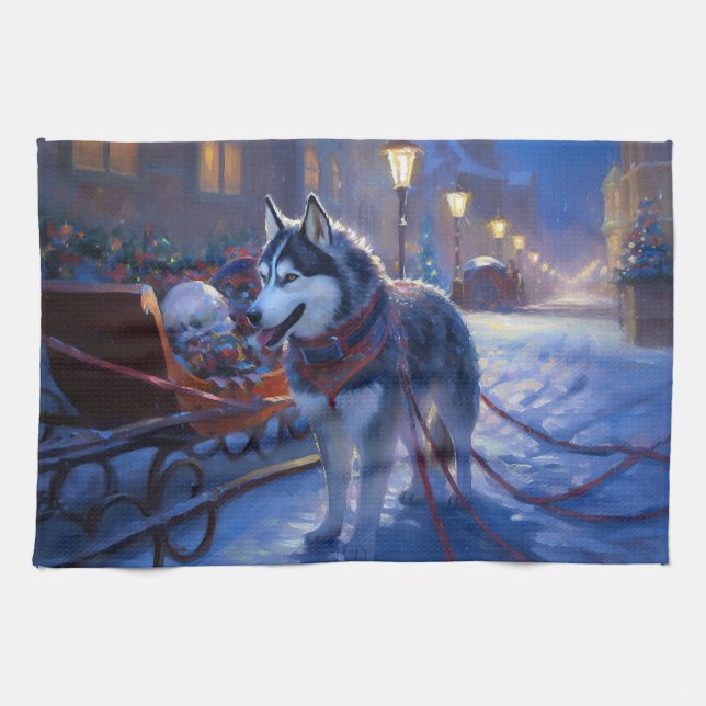 Siberian husky julsäsong kökshandduk (Horisontell)