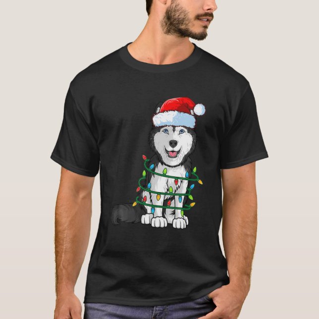 Siberian husky jultomten Hat Julafton Ljus Hund T Shirt (Framsida)