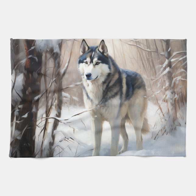 Siberian husky Låt det snöa jul Kökshandduk (Horisontell)