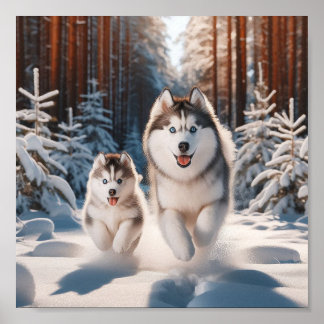 Siberian husky mamma och hennes valp poster
