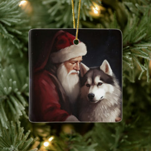 Siberian husky med Jultomten julafton Julgransprydnad Keramik