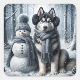 Siberian husky med Snögubbe Fyrkantigt Klistermärke