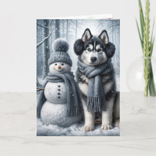 Siberian husky med Snögubbe Kort