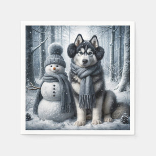 Siberian husky med Snögubbe Pappersservett
