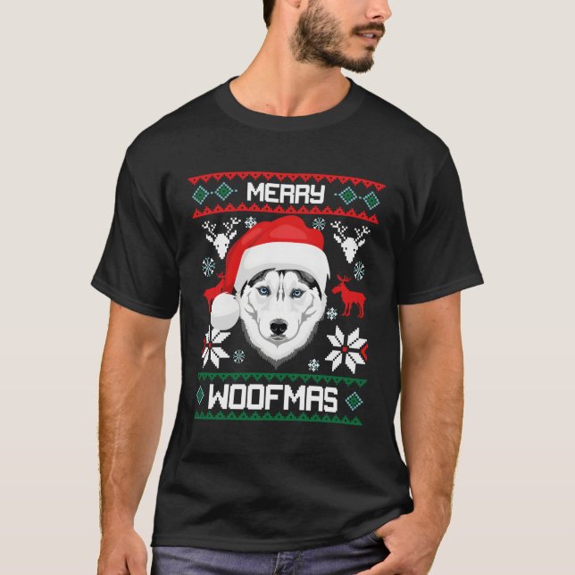 Siberian husky Merry Woofmas för T Shirt (Framsida)
