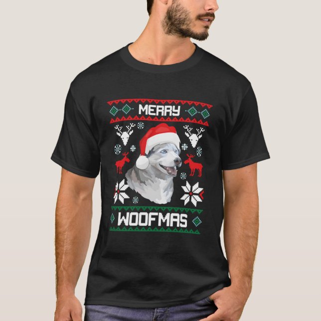Siberian Husky Merry Woofmas For T Shirt (Framsida)