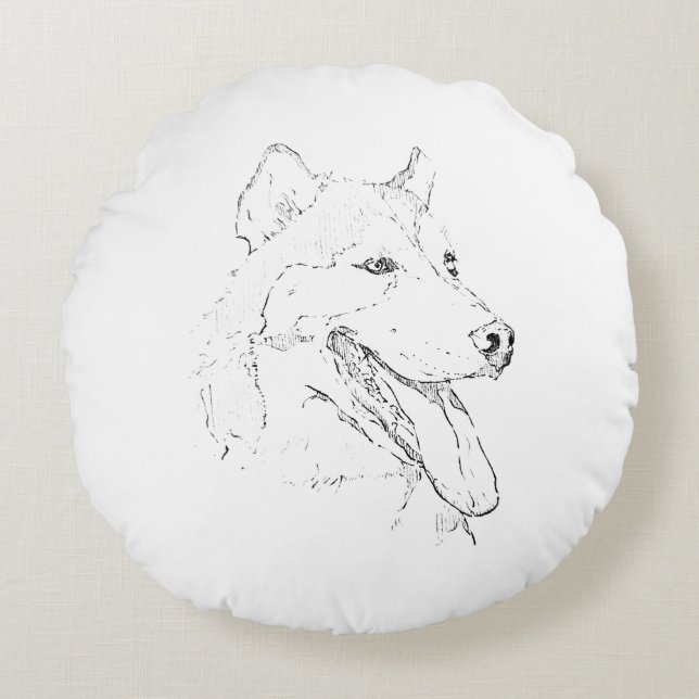 Siberian Husky – minimalistisk hund linjedrawing Rund Kudde (Framsidan)