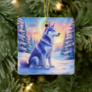 Siberian Husky Norrsken Jul Vinter Julgransprydnad Keramik