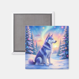 Siberian Husky Norrsken Jul Vinter Magnet