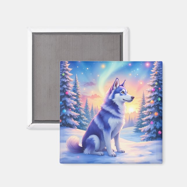Siberian Husky Norrsken Jul Vinter Magnet (Front/Back)