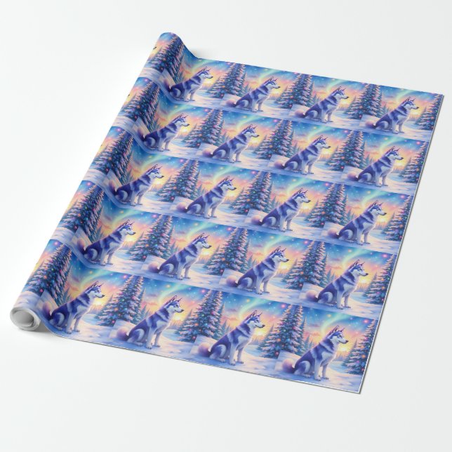 Siberian Husky Norrsken Jul Vinter Presentpapper (Utrullad)