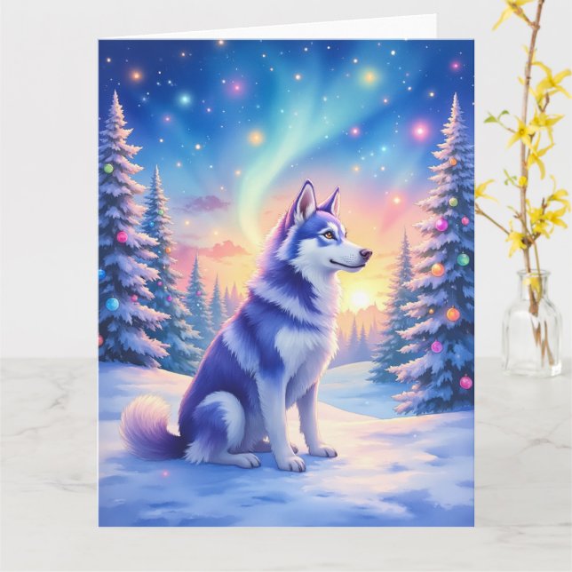 Siberian Husky Northern Lights Christmas Winter Kort (Gul blomma)
