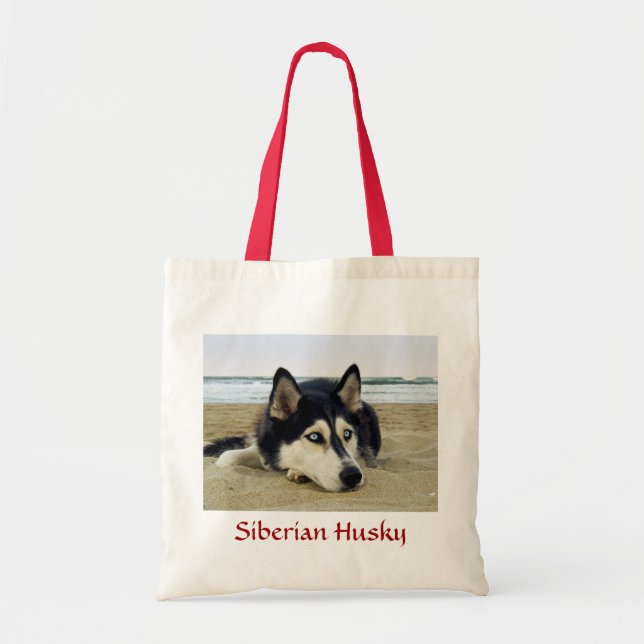 Siberian husky på Beach Budget Tote Bag Tygkasse (Framsidan)