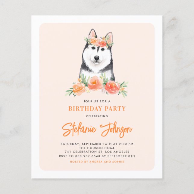 Siberian husky Peach Blommigt Birthday-inbjudan (Framsida)