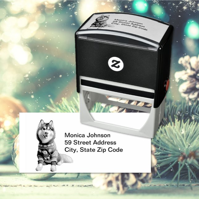 Siberian husky Photo Returadress Självfärgande Stämpel (Christmas holiday themed Siberian Husky rubber self-inking return address stamp)