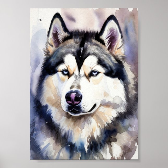 Siberian Husky Portrait Watercolor Fine Art - Blue Poster (Framsidan)