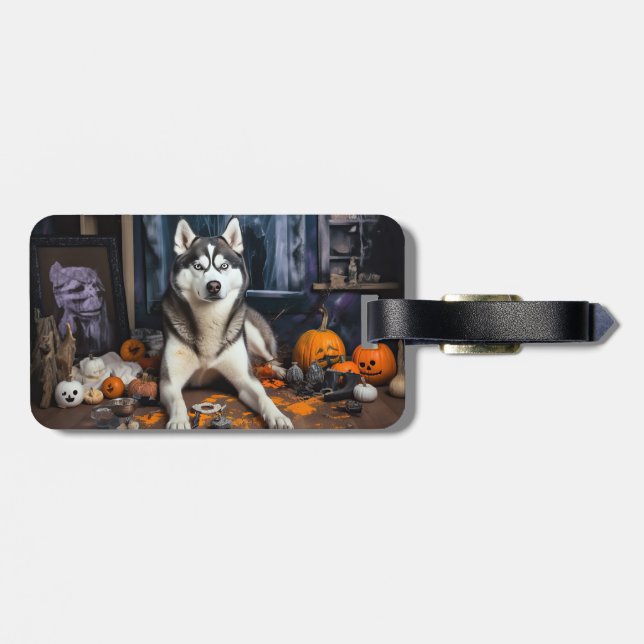 Siberian Husky Pumpa Halloween Skräckinjagande Bagagebricka (Baksida Vågrät)