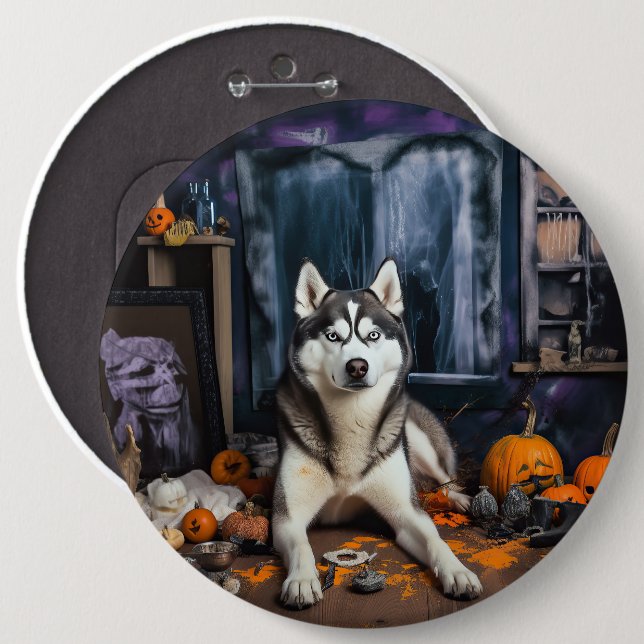 Siberian Husky Pumpa Halloween Skräckinjagande Knapp (Framsida & baksida)