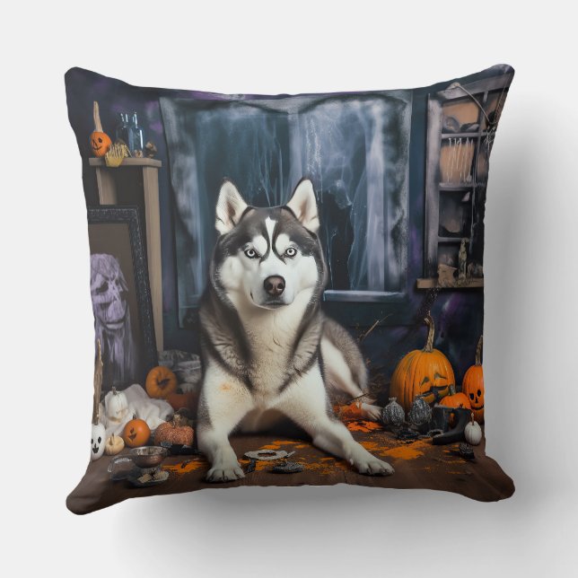 Siberian Husky Pumpa Halloween Skräckinjagande Kudde (Baksida)