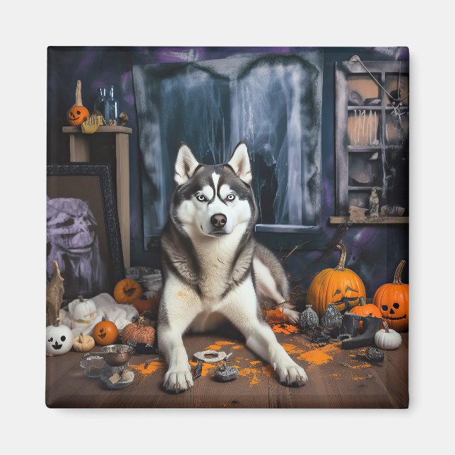 Siberian Husky Pumpa Halloween Skräckinjagande Magnet (Framsidan)